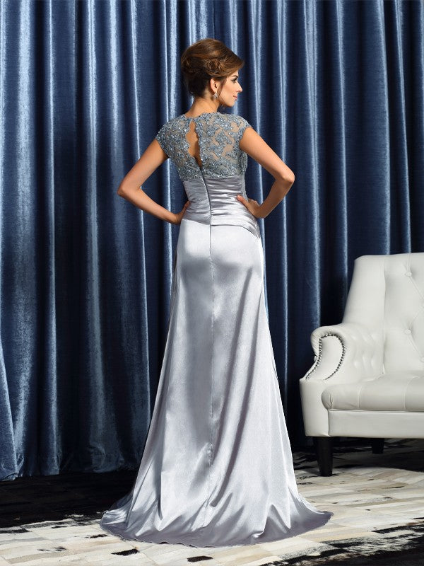 Trumpet/Mermaid Scoop Beading Short Sleeves Long Silk like Satin Mother of the Bride Dresses