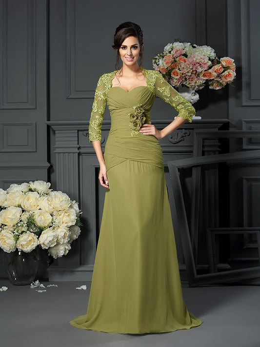 A-Linie/Princess-Linie Herzausschnitt Handgemachte Blume 1/2 Ärmel Lang Chiffon Brautmutterkleider
