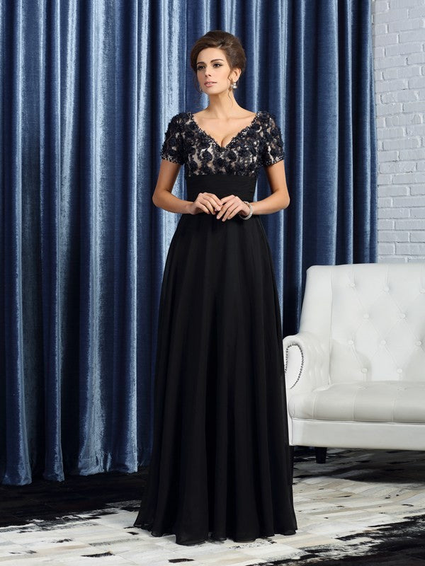 Vestidos de gasa largos para madre de la novia, corte A/princesa, escote en V, mangas cortas