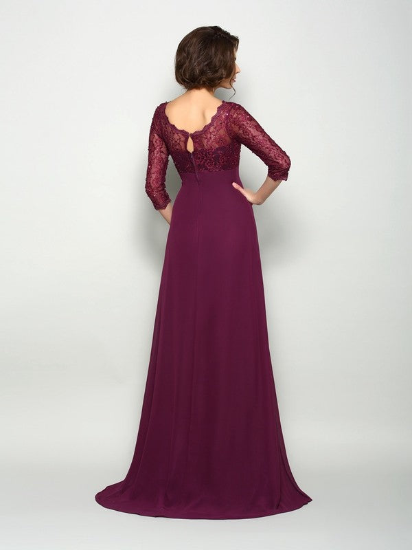 A-Line/Princess V-neck Beading 3/4 Sleeves Long Chiffon Mother of the Bride Dresses