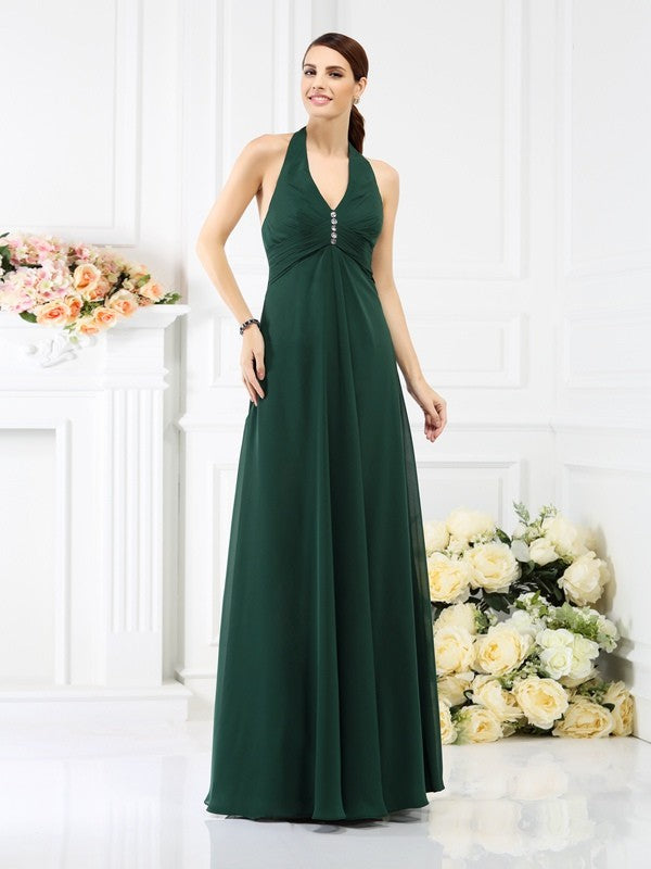 A-Line/Princess Halter Beading Sleeveless Long Chiffon Bridesmaid Dresses Evening Prom Dress