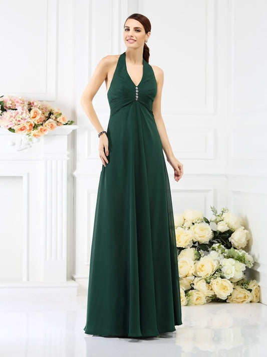 A-Line/Princess Halter Beading Sleeveless Long Chiffon Bridesmaid Dresses Evening Prom Dress