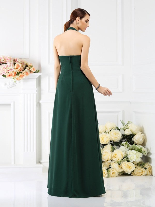 A-Line/Princess Halter Beading Sleeveless Long Chiffon Bridesmaid Dresses Evening Prom Dress