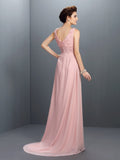 Vestido de noche largo de gasa con escote en V, corte A/princesa, sin mangas, con cuentas y flores hechas a mano