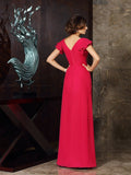 A-Line/Princess V-neck Ruched Short Sleeves Long Chiffon Mother of the Bride Dresses