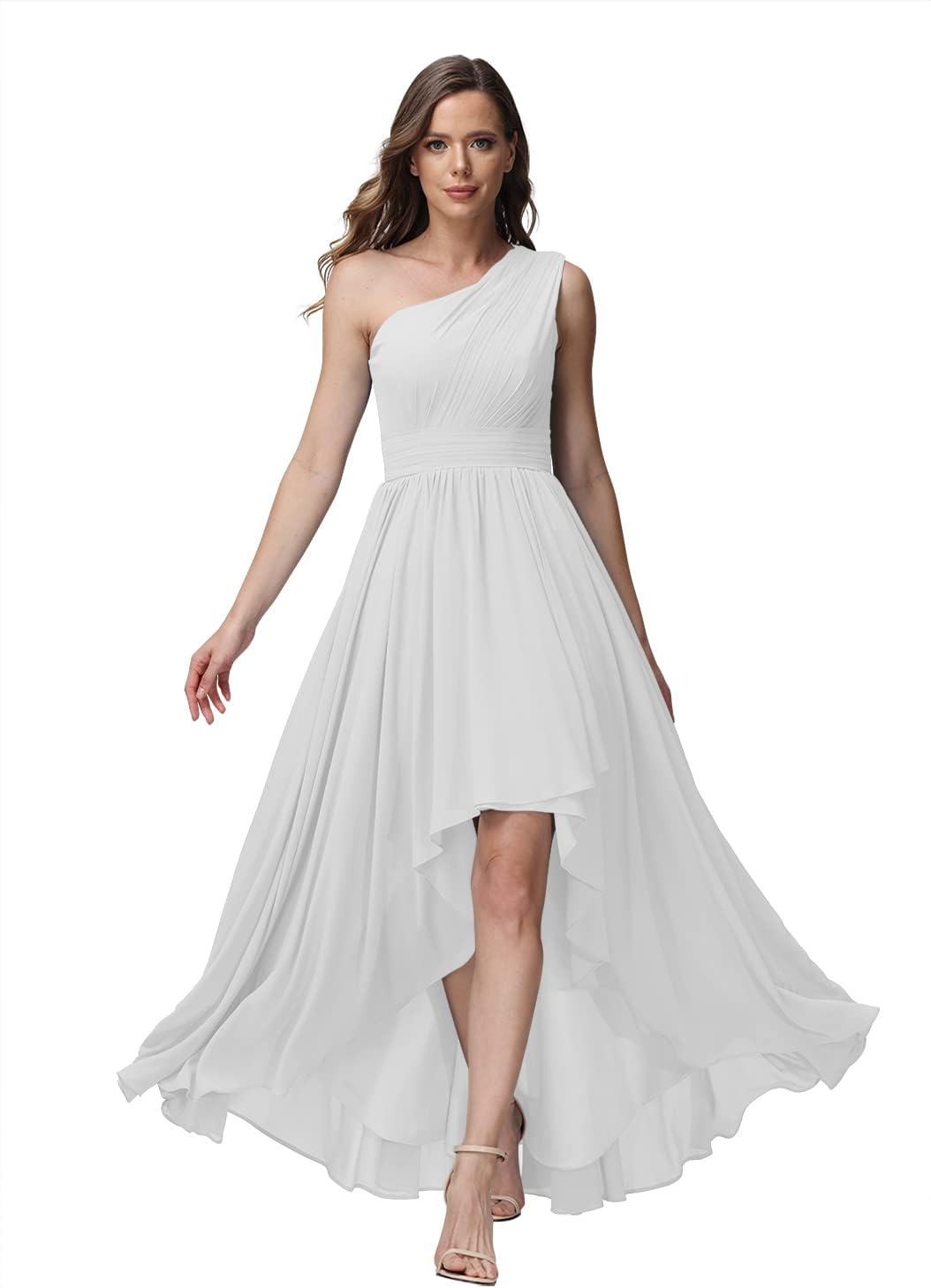 Vestido de dama de honor de un solo hombro para mujer, vestido formal de noche de gasa con bolsillos y corte alto bajo
