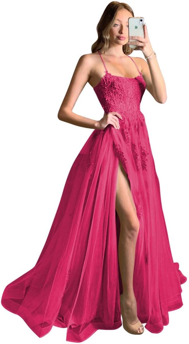 Women's Lace Criss-Cross Prom Dresses with Slit Spaghetti Straps Long Formal Evening Gowns