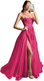 Women's Lace Criss-Cross Prom Dresses with Slit Spaghetti Straps Long Formal Evening Gowns