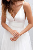 Simple V Neck Wedding Dress for Bride Spaghetti Straps Ruched Tulle Beach Bridal Gowns