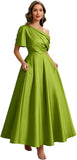 Kingbridal Satin Mother of The Bride Dresses for Women Tea Length Formal Dress One Shoulder Evening Party Gowns with Pockets