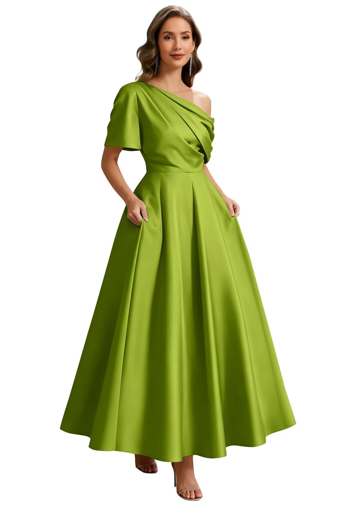 Kingbridal Satin Mother of The Bride Dresses for Women Tea Length Formal Dress One Shoulder Evening Party Gowns with Pockets
