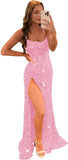 Women's Sequin Mermaid Prom Dresses with Slit Glitter Criss-Cross Long Formal Evening Gowns