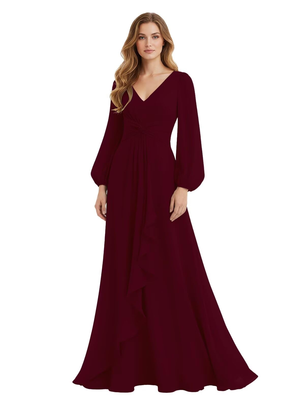 Women's Chiffon Bridesmaid Dresses Long Sleeve Ruffles V-Neck Pleated Formal Wedding Guest Dresses Mother of the bride Dress