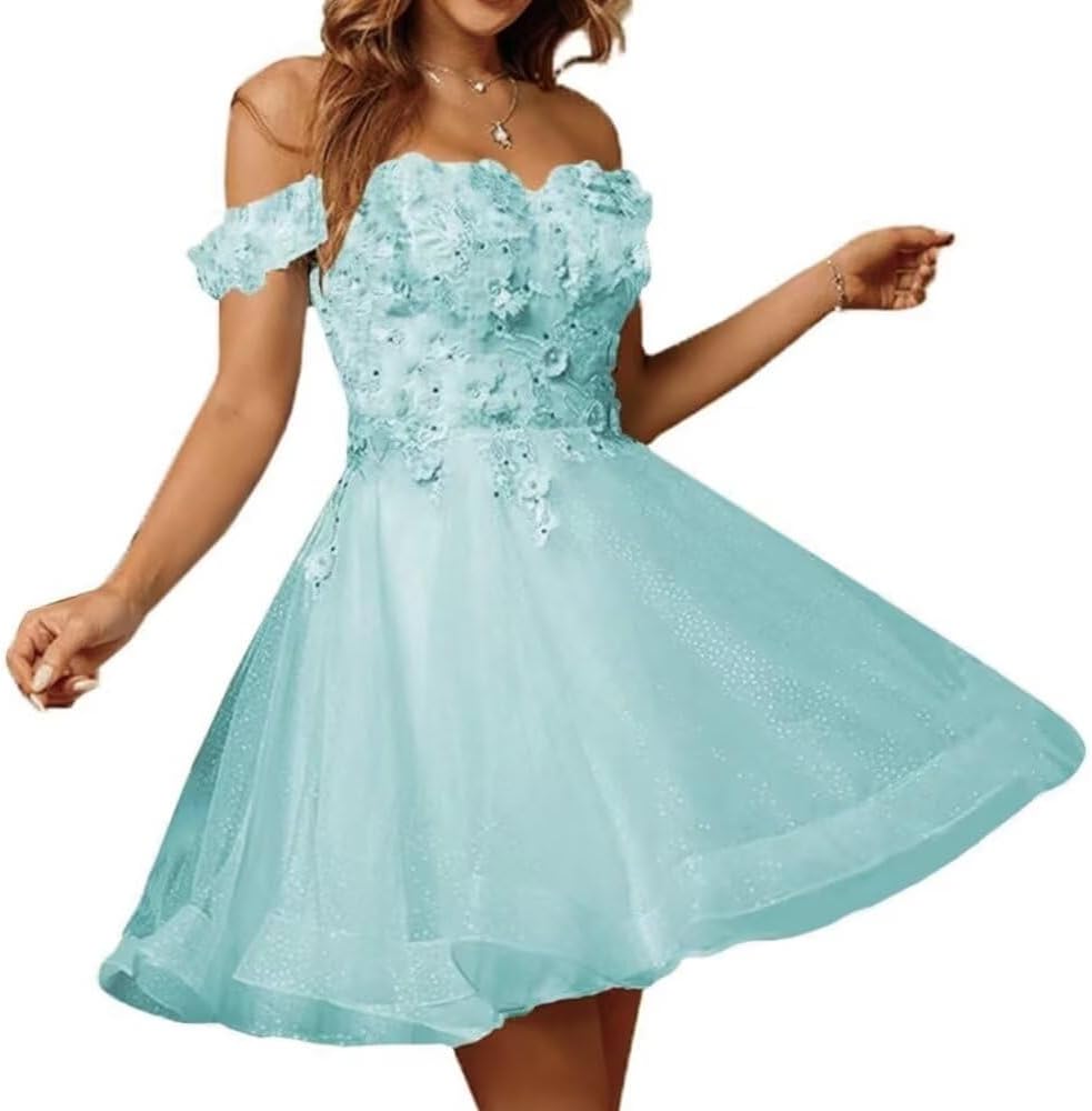 Sparkly Tulle Homecoming Dresses for Teens 2027 3D Flowers Cocktail Gowns Off Shoulder Short Prom Dresses
