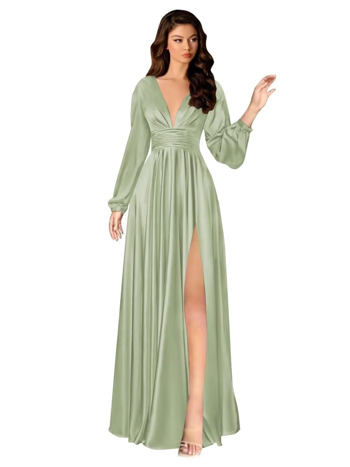 Kingbridal Gowns Long Sleeve Satin Bridesmaid Dresses for Women Long A-Line V-Neck Pleated Formal Evening Party Ball Gown with Slit