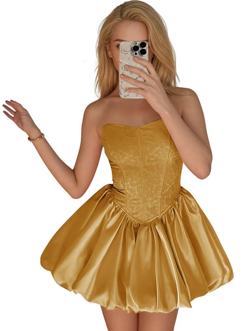 Strapless Satin Homecoming Dresses for Teens Jacquard Short Prom Dress A-line Cocktail Party Gowns with Pockets