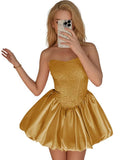 Strapless Satin Homecoming Dresses for Teens Jacquard Short Prom Dress A-line Cocktail Party Gowns with Pockets