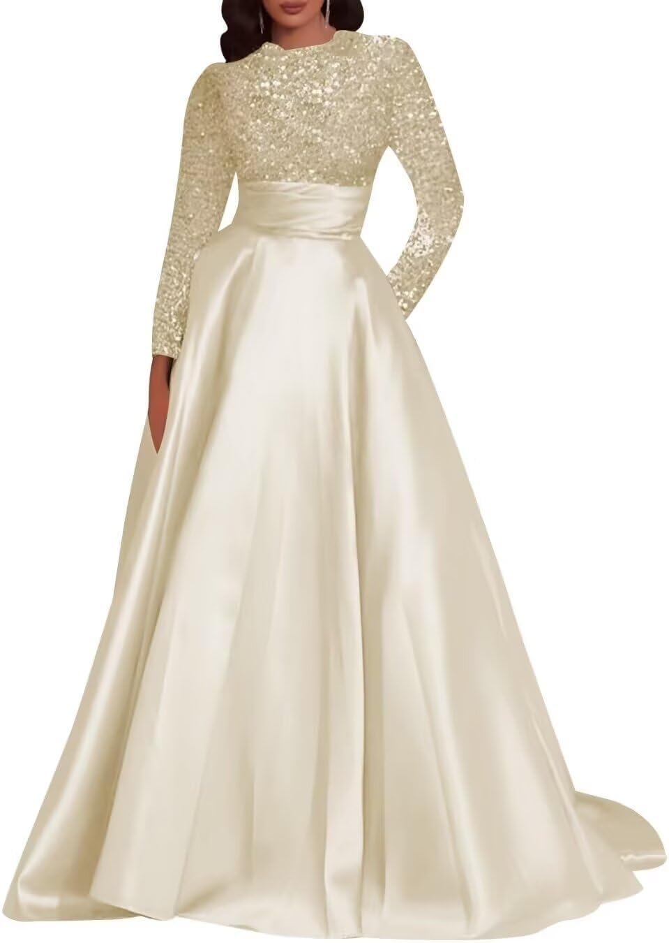 Kingbridal Gowns Long Sleeve Sequin Prom Dresses for Women Satin A-line Formal Dress 2026 Sparkly Evening Party Gowns with Pockets