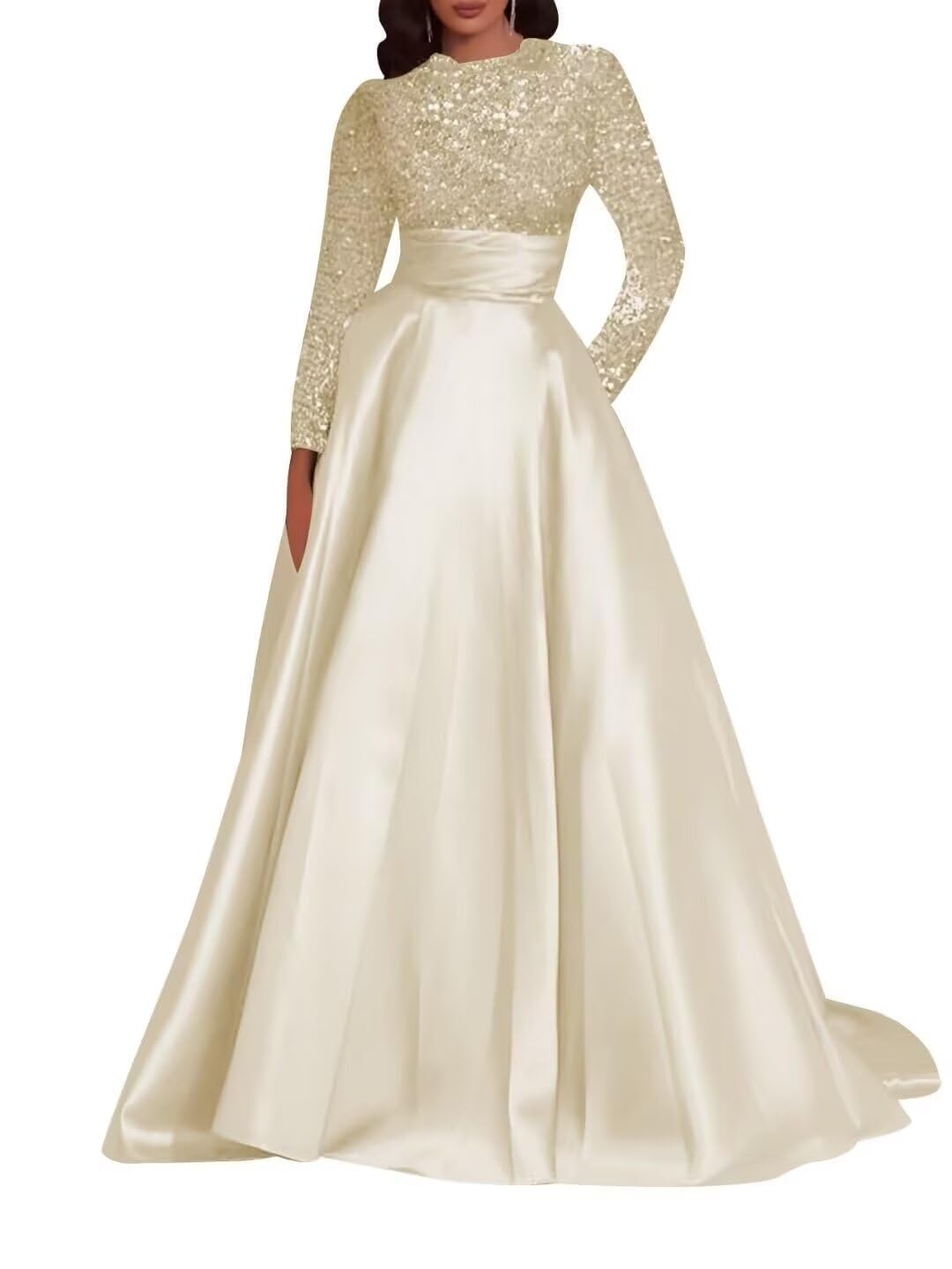 Kingbridal Gowns Long Sleeve Sequin Prom Dresses for Women Satin A-line Formal Dress 2026 Sparkly Evening Party Gowns with Pockets