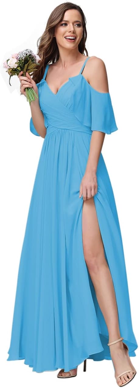 Women's Long Spaghetti Straps Bridesmaid Dress with Slit Off Shoulder Chiffon Formal Party Gowns