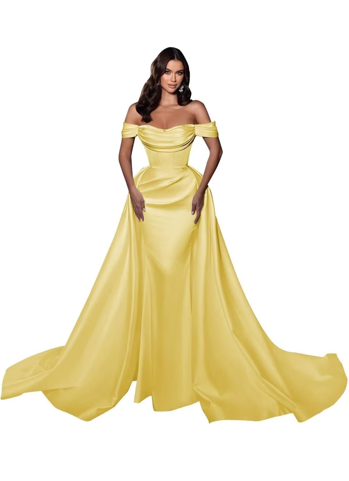Mermaid Satin Prom Dresses for Women 2027 Long Off Shoulder Ruched Corset Formal Evening Dress Detachable Train