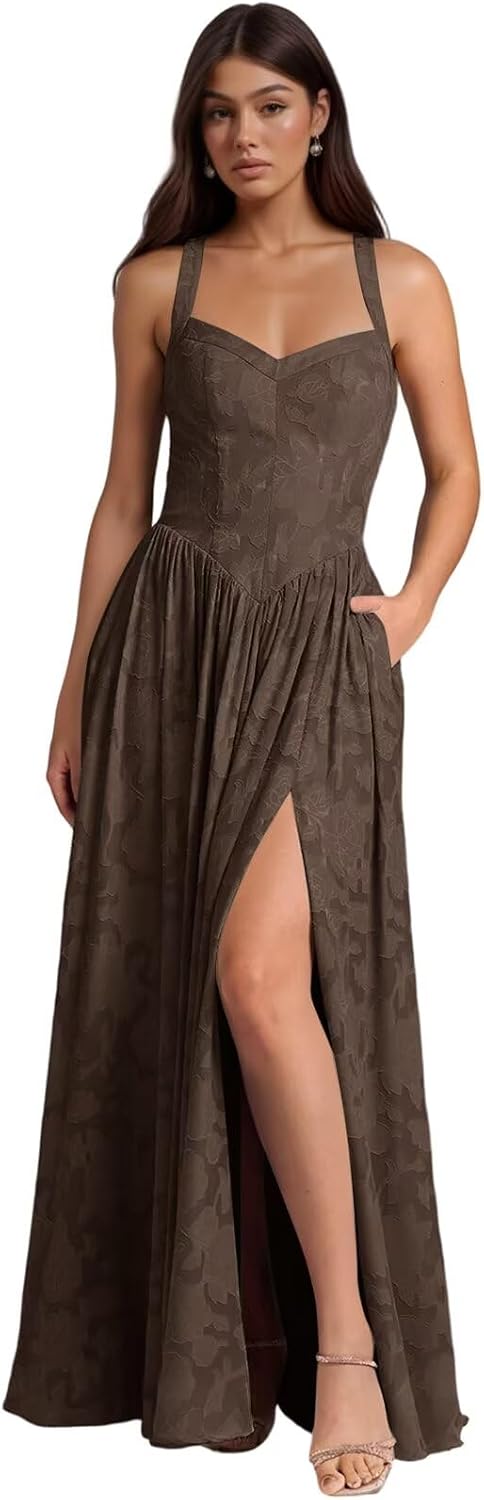 Jacquard Floral Lace Wedding Guest Dress Long Slit A Line Bridesmaid Dresses with Pockets Formal Gown