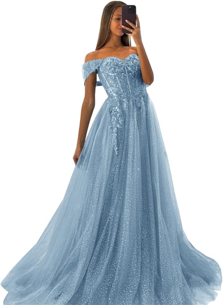 Off The Shoulder Tulle Prom Dresses 2027 Lace Applique A Line Long Sparkly Formal Evening Party Gowns