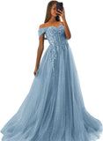 Off The Shoulder Tulle Prom Dresses 2027 Lace Applique A Line Long Sparkly Formal Evening Party Gowns