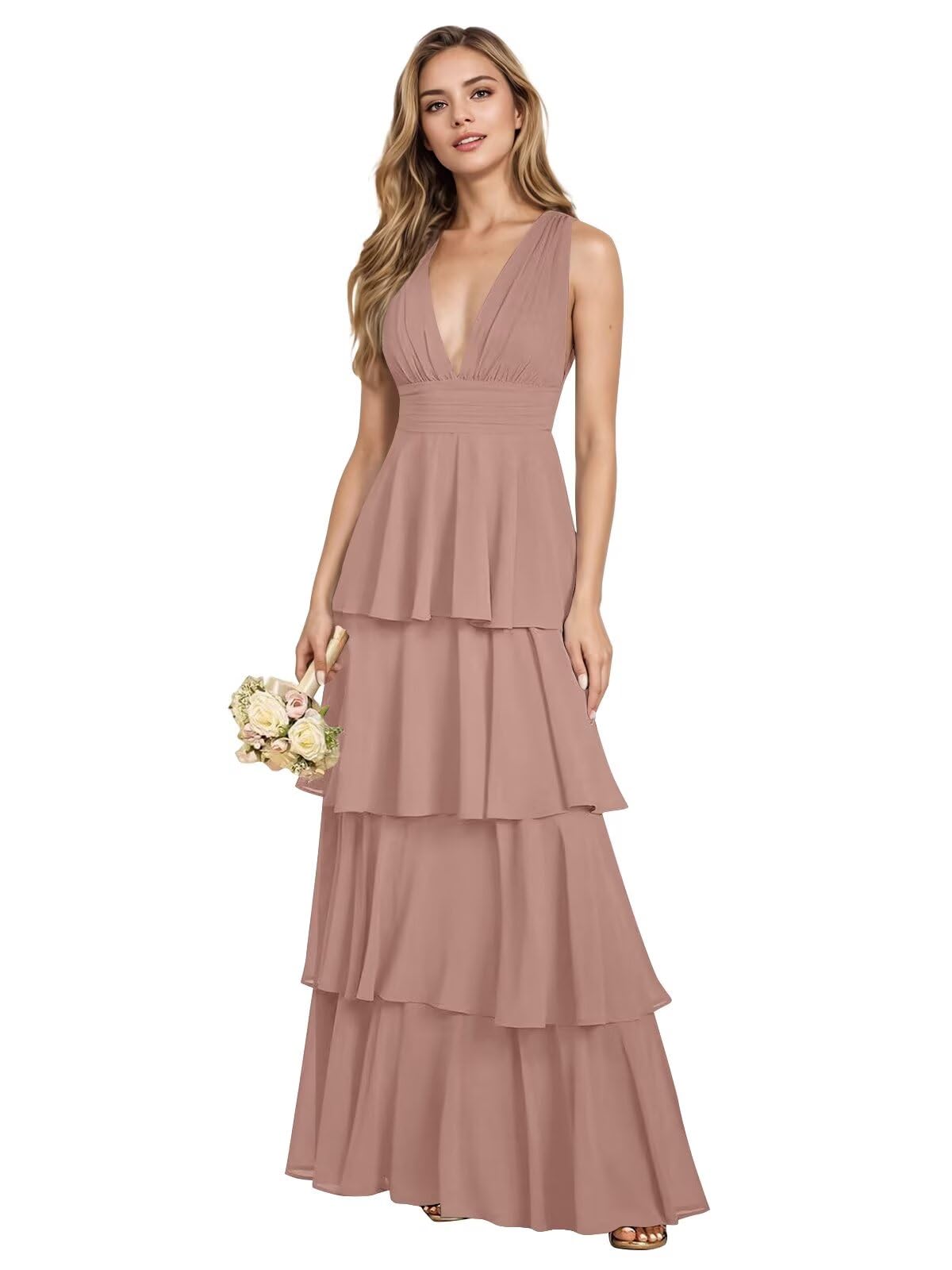 V Neck Chiffon Bridesmaid Dresses for Women 2027 Long Tiered A-Line Ruffles Formal Evening Party Dress