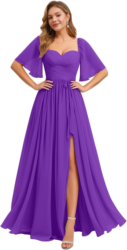 Women's Chiffon Bridesmaid Dresses for Wedding Flutter Sleeves Ruched A Line Long Formal Dress with Slit