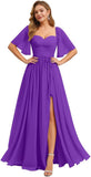Women's Chiffon Bridesmaid Dresses for Wedding Flutter Sleeves Ruched A Line Long Formal Dress with Slit