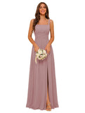 Square Neck Bridesmaid Dress Spaghetti Straps Chiffon Long Formal Dress for Women