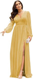 Langärmlige Brautjungfernkleider für Hochzeiten, V-Ausschnitt, formelles Kleid mit Schlitz, Chiffon-Ballkleid