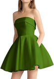 Women's Strapless Satin Short Prom Dresses with Pocket A Line Glitter Homecoming Dress Short Evening Party Ball Gown