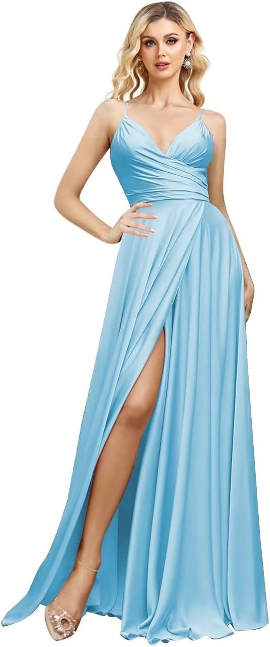 V Neck Satin Bridesmaid Dresses Spaghetti Straps Prom Dress Slit Wedding Formal Evening Party Dress