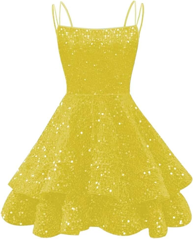 Spaghetti Straps Sequin Homecoming Dresses for Teens Sparkly Tiered Short Prom Dress 2026 Mini Cocktail Party Gown