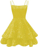 Spaghetti Straps Sequin Homecoming Dresses for Teens Sparkly Tiered Short Prom Dress 2026 Mini Cocktail Party Gown