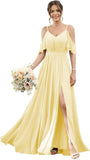 Women's Cold Shoulder Ruffle Sleeves Bridesmaid Dresses for Women 2025 Pleated Chiffon Formal Dresses with Slit