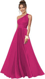 One Shoulder Bridesmaid Dresses for Women Chiffon A Line Pleated Long Formal Gowns with Pockets