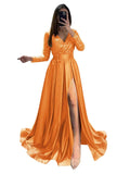Long Sleeve Sequin Prom Dresses for Women 2027 Satin Formal Dress Sparkly Slit Evening Party Gown with Pocket