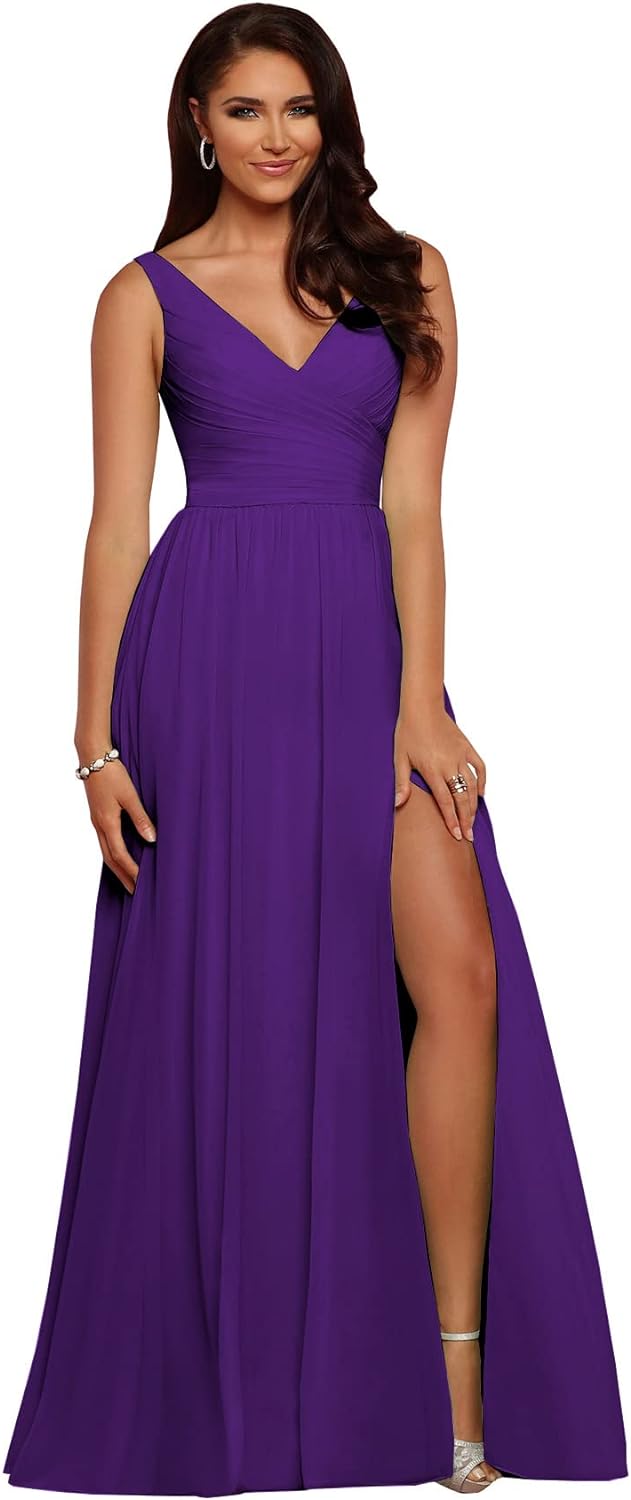 Vestidos de dama de honor largos con escote en V y abertura en gasa, corte A, plisados, para noche, fiesta formal