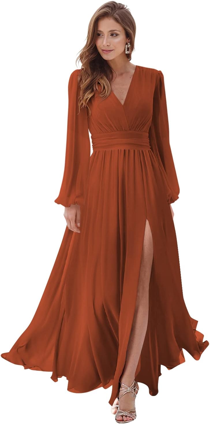 Women's Long Sleeve Bridesmaid Dresses with Slit V Neck A Line Chiffon Formal Evening Gowns with Pockets Mother of the Bride Gowns