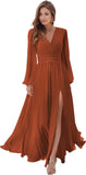 Women's Long Sleeve Bridesmaid Dresses with Slit V Neck A Line Chiffon Formal Evening Gowns with Pockets Mother of the Bride Gowns