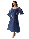 Eightale Tulle Tea Length Maternity Dresses for Photo Shoot Long Sleeve Pregnancy Gown for Baby Shower