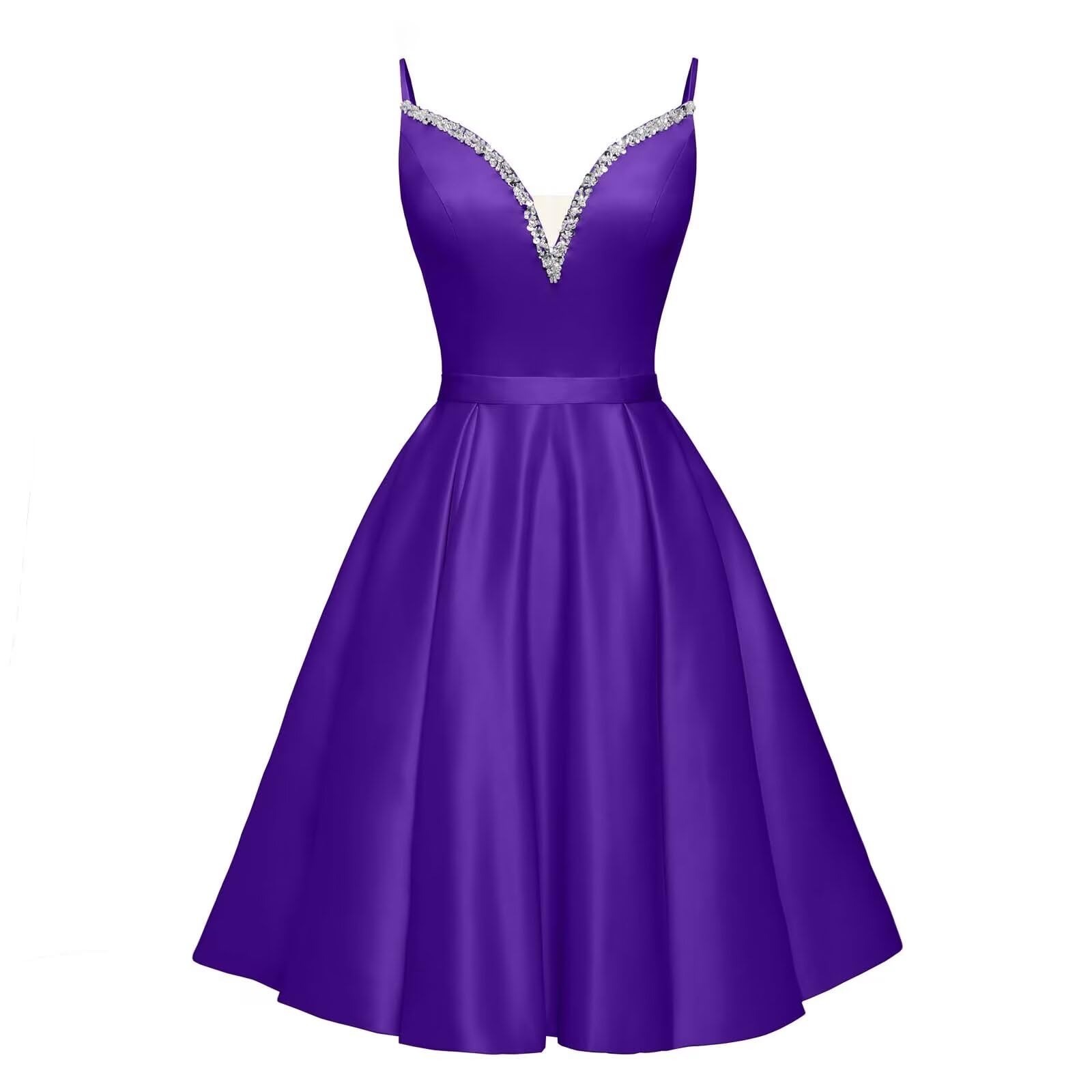 Spaghetti Straps Satin Homecoming Dresses for Teens V-Neck Short Prom Dress A-Line Beaded Cocktail Party Gowns
