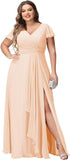 Vestidos de dama de honor de talla grande con mangas con volantes y bolsillos, vestido formal largo con escote en V y abertura. 