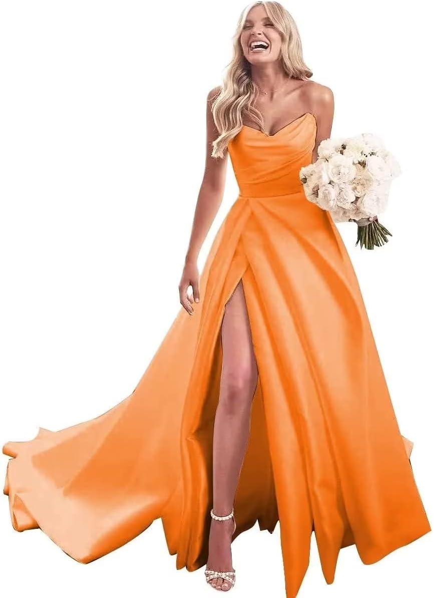 Trägerloses Ballkleid, langes Ballkleid, Satin-Brautkleid für die Braut, A-Linie, formelle Abendkleider mit Schlitz 