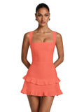 Spaghetti Straps Satin Homecoming Dresses for Teens 2026 Square Neck Tiered Ruffles Short Prom Dress