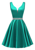Satin Glitter Homecoming Dresses for Teens Short Prom Dress V-Neck Beaded Evening Formal Cocktail Party Gowns