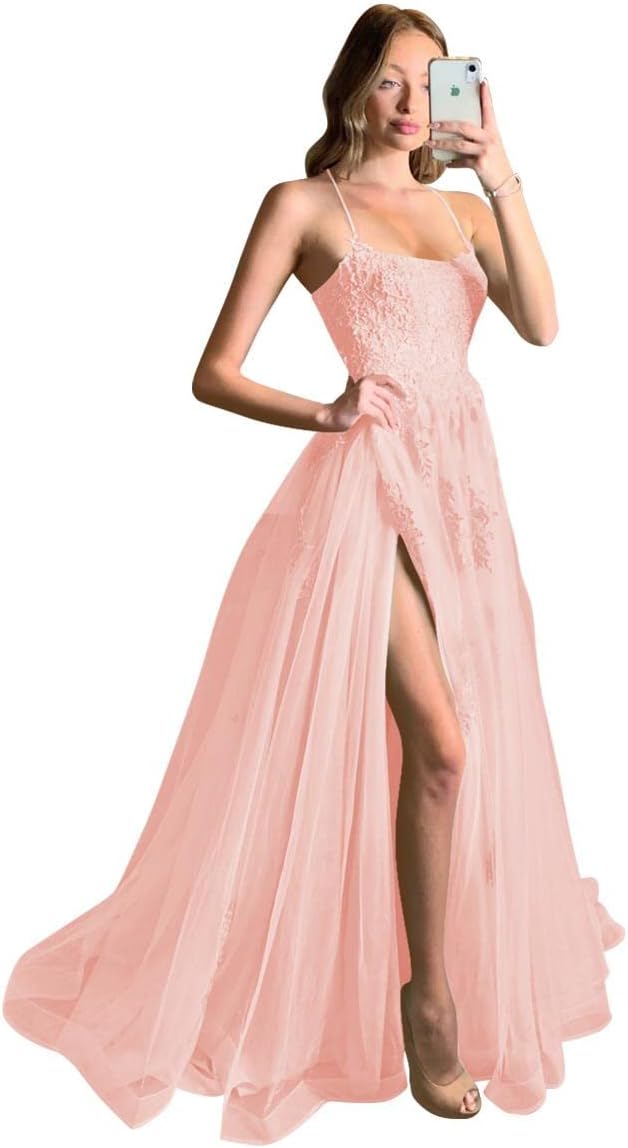 Women's Lace Criss-Cross Prom Dresses with Slit Spaghetti Straps Long Formal Evening Gowns